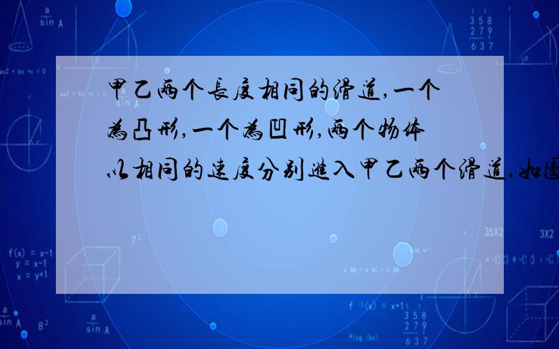 甲乙两个长度相同的滑道,一个为凸形,一个为凹形,两个物体以相同的速度分别进入甲乙两个滑道,如图所示,若不计滑道的摩擦,通过甲滑道用的时间为t甲,通过乙滑道用的时间为t乙,则（B ）A．