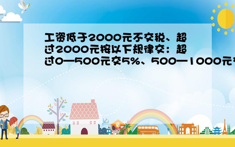 工资低于2000元不交税、超过2000元按以下规律交：超过0—500元交5%、500—1000元交10%、1000—1500元交15%、若某人工资是3500元、他应交税多少?