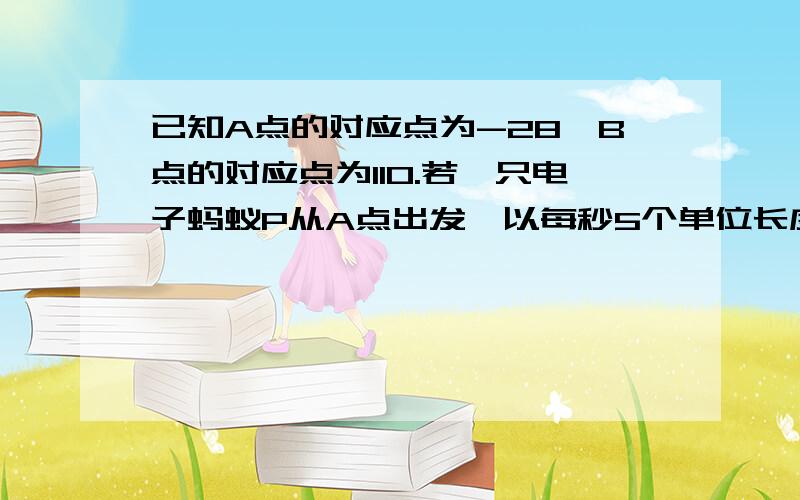 已知A点的对应点为-28,B点的对应点为110.若一只电子蚂蚁P从A点出发,以每秒5个单位长度的速度向右运动,2秒之后到达M点,则M点对应的数是多少?若该电子蚂蚁P继续以每秒5个单位长度向右运动,4