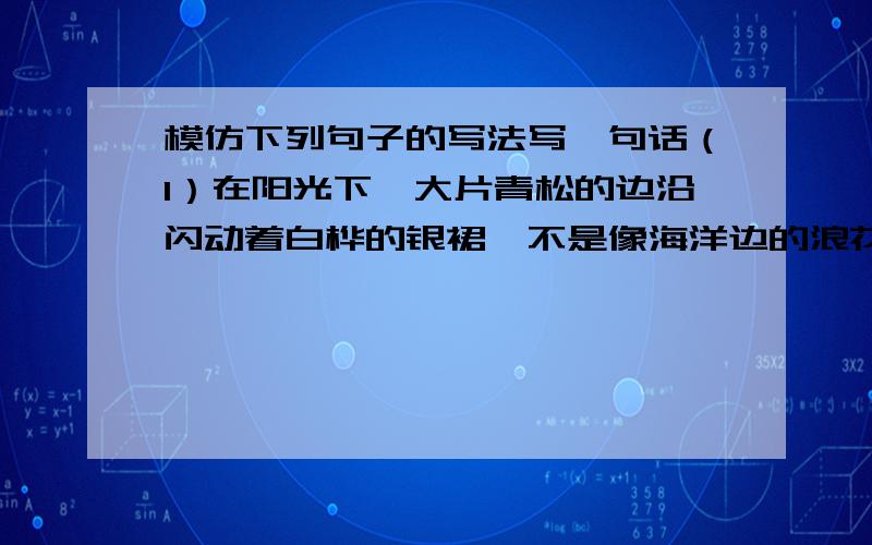 模仿下列句子的写法写一句话（1）在阳光下,大片青松的边沿闪动着白桦的银裙,不是像海洋边的浪花吗?