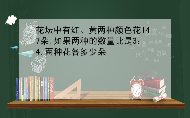 花坛中有红、黄两种颜色花147朵.如果两种的数量比是3：4,两种花各多少朵