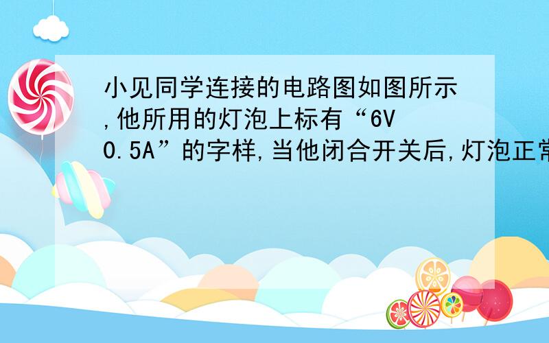 小见同学连接的电路图如图所示,他所用的灯泡上标有“6V 0.5A”的字样,当他闭合开关后,灯泡正常发光,电流表示数为0.6A.请你计算：1.通过灯泡中的电流2.电源的电压3.电阻R的阻值过程写清楚.