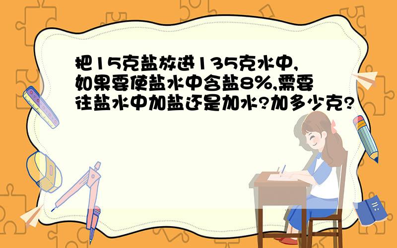 把15克盐放进135克水中,如果要使盐水中含盐8％,需要往盐水中加盐还是加水?加多少克?