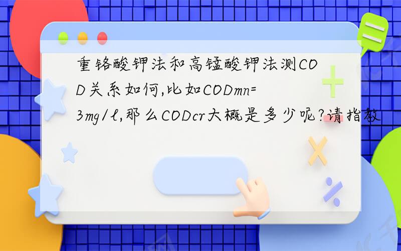 重铬酸钾法和高锰酸钾法测COD关系如何,比如CODmn=3mg/l,那么CODcr大概是多少呢?请指教