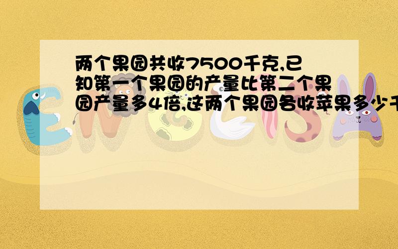 两个果园共收7500千克,已知第一个果园的产量比第二个果园产量多4倍,这两个果园各收苹果多少千克?