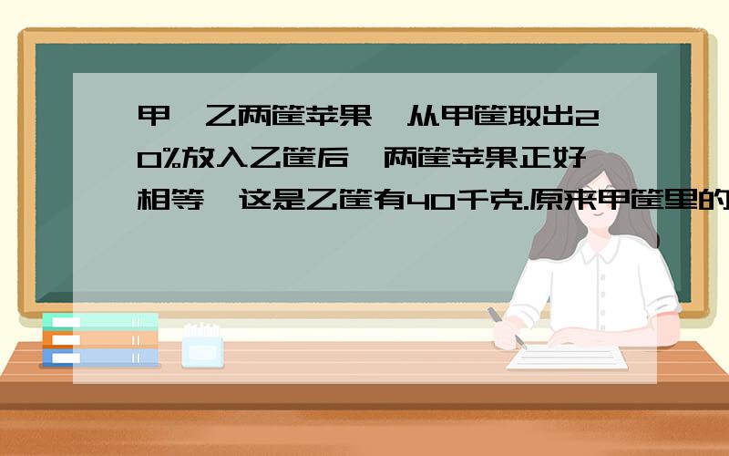 甲、乙两筐苹果,从甲筐取出20%放入乙筐后,两筐苹果正好相等,这是乙筐有40千克.原来甲筐里的苹果比乙筐多多少千克?