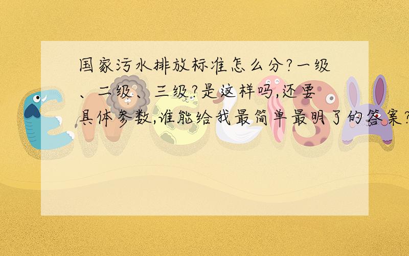 国家污水排放标准怎么分?一级、二级、三级?是这样吗,还要具体参数,谁能给我最简单最明了的答案?比如污水排放一级标准是60mg/l什么的,不要想长篇大论,