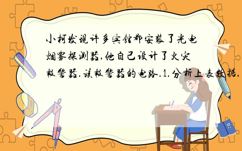 小柯发现许多宾馆都安装了光电烟雾探测器,他自己设计了火灾报警器.该报警器的电路.1.分析上表数据,根据光敏电阻的阻值R.2..3...