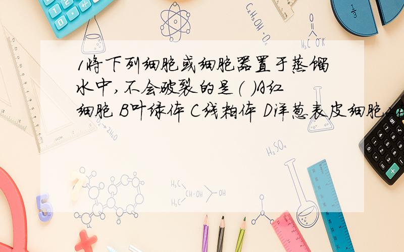 1将下列细胞或细胞器置于蒸馏水中,不会破裂的是（ ）A红细胞 B叶绿体 C线粒体 D洋葱表皮细胞2在人的心肌细胞中,比上皮细胞数量显著增多的细胞器是（ ）A核糖体 B内质网 C高尔基体 D线粒