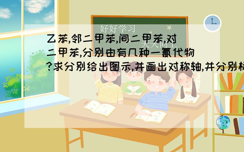 乙苯,邻二甲苯,间二甲苯,对二甲苯,分别由有几种一氯代物?求分别给出图示,并画出对称轴,并分别标上等效氢的编号.万分感谢!