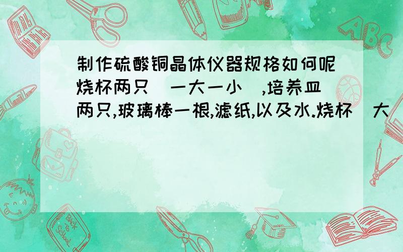 制作硫酸铜晶体仪器规格如何呢烧杯两只（一大一小）,培养皿两只,玻璃棒一根,滤纸,以及水.烧杯（大）：ml烧杯（小）：ml培养皿：mm滤纸：我用的是【析出法】,不是【悬挂法】!