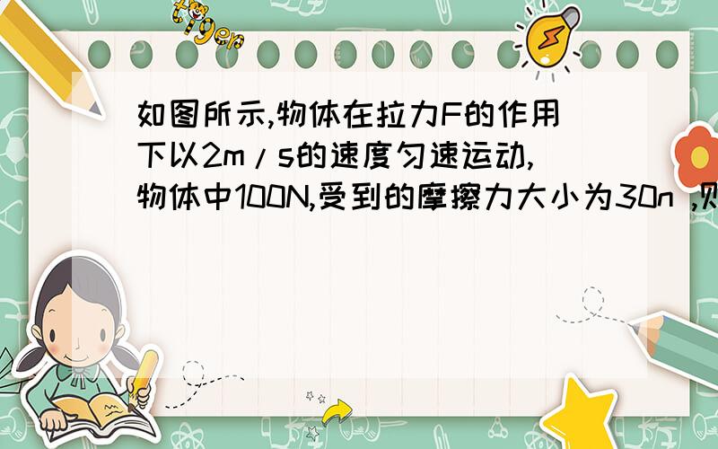 如图所示,物体在拉力F的作用下以2m/s的速度匀速运动,物体中100N,受到的摩擦力大小为30n ,则F=___N?,10s后F移动的距离是__m