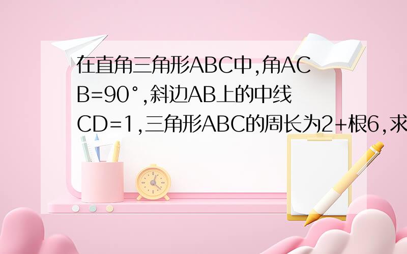 在直角三角形ABC中,角ACB=90°,斜边AB上的中线CD=1,三角形ABC的周长为2+根6,求三角形ABC的面积