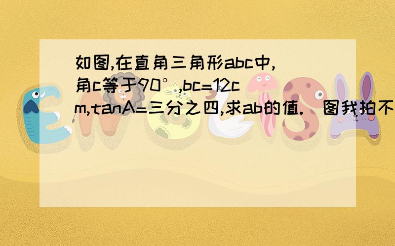 如图,在直角三角形abc中,角c等于90°,bc=12cm,tanA=三分之四,求ab的值.）图我拍不了,就是个普通的直角三角形速度!