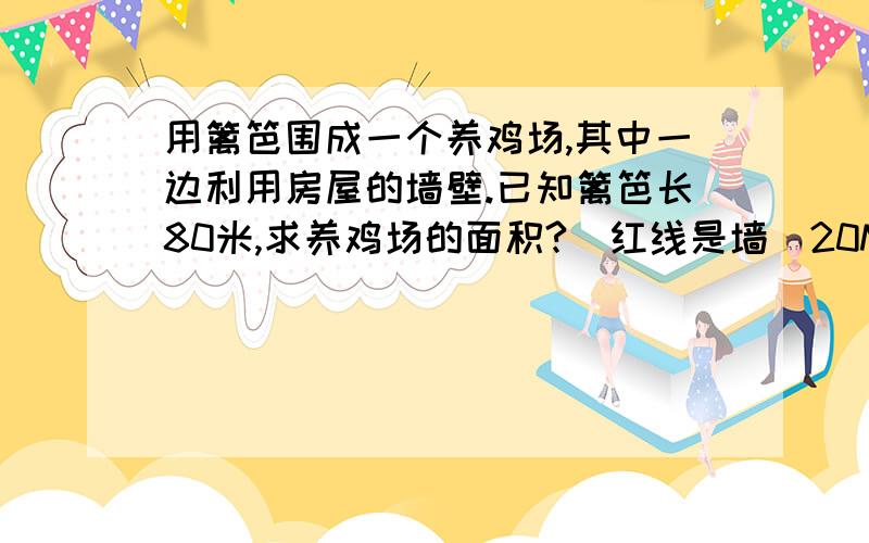 用篱笆围成一个养鸡场,其中一边利用房屋的墙壁.已知篱笆长80米,求养鸡场的面积?（红线是墙）20M是宽