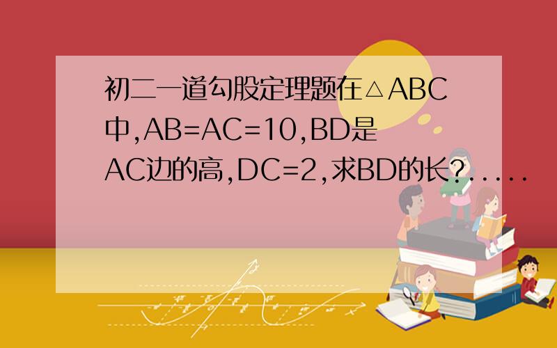 初二一道勾股定理题在△ABC中,AB=AC=10,BD是AC边的高,DC=2,求BD的长?.....