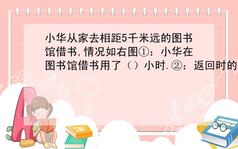 小华从家去相距5千米远的图书馆借书,情况如右图①：小华在图书馆借书用了（）小时.②：返回时的速度是每小时（）千米.③：从图中你还发现什么?（只要写一个方面）着急