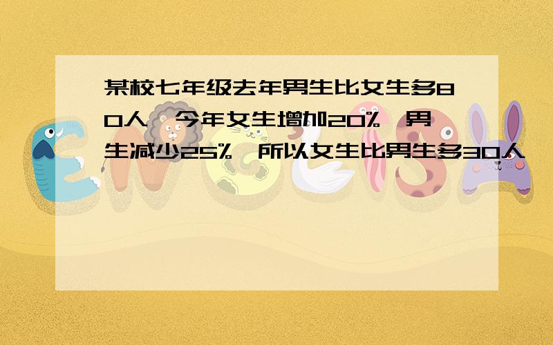 某校七年级去年男生比女生多80人,今年女生增加20%,男生减少25%,所以女生比男生多30人,去年男生有多少人?