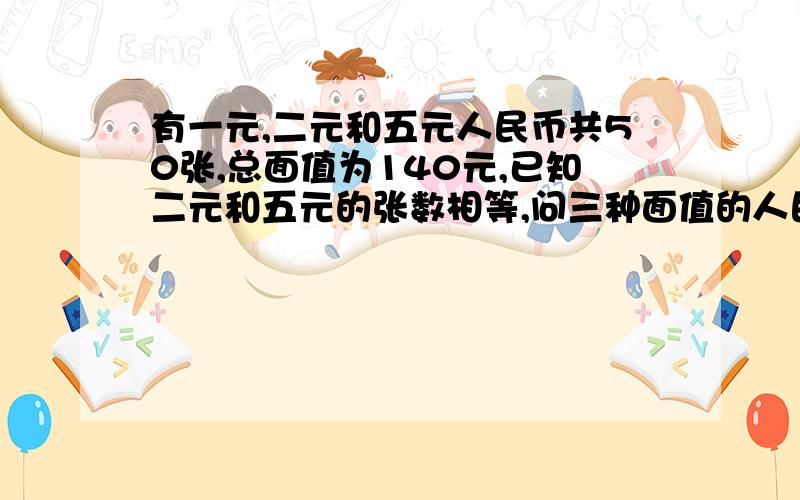 有一元,二元和五元人民币共50张,总面值为140元,已知二元和五元的张数相等,问三种面值的人民币各有几张?