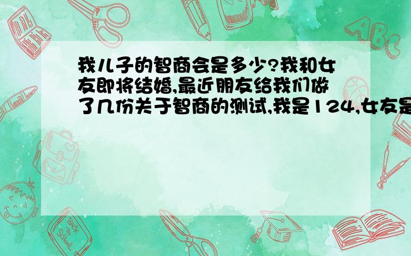 我儿子的智商会是多少?我和女友即将结婚,最近朋友给我们做了几份关于智商的测试,我是124,女友是112.女友大学的时候她成绩就很好,现在从事金融分析方面的工作,我本以为女友的智商要比我