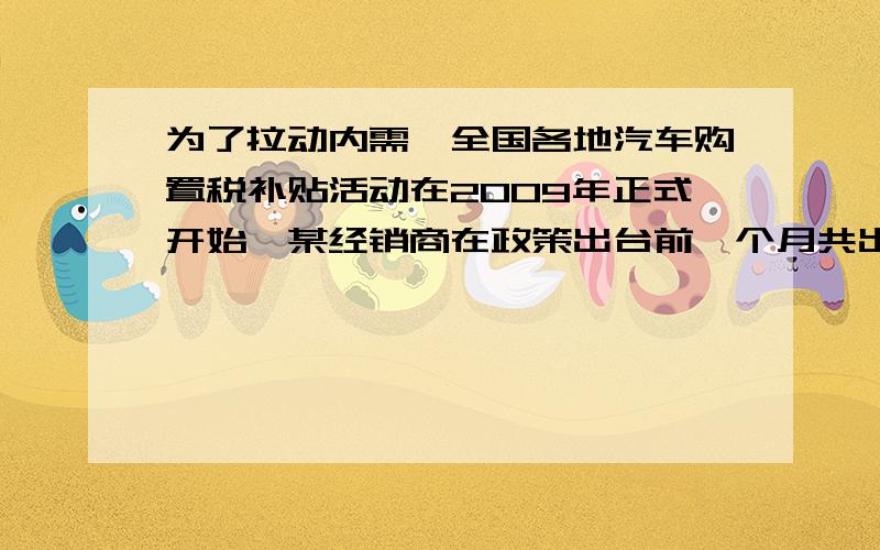 为了拉动内需,全国各地汽车购置税补贴活动在2009年正式开始,某经销商在政策出台前一个月共出售某品牌汽车的手动型和自动型共960太,政策出台后的第一个月售出这两证型号的汽车共1228台,