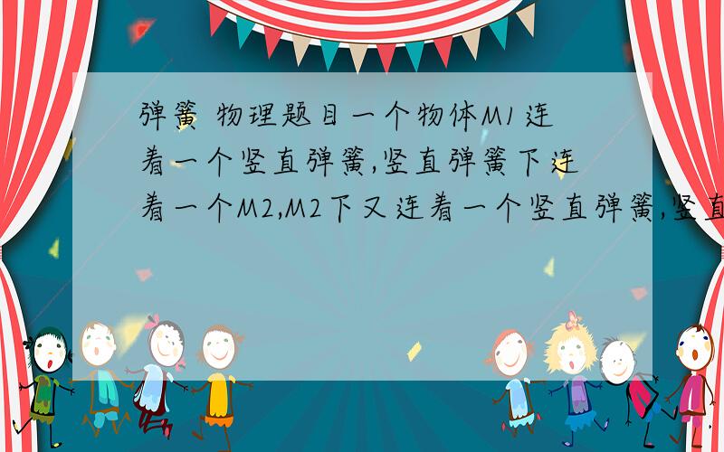 弹簧 物理题目一个物体M1连着一个竖直弹簧,竖直弹簧下连着一个M2,M2下又连着一个竖直弹簧,竖直弹簧接触地面.求当把这个物体M1往上拉是,M2下的弹簧刚好离开地面时所用的力