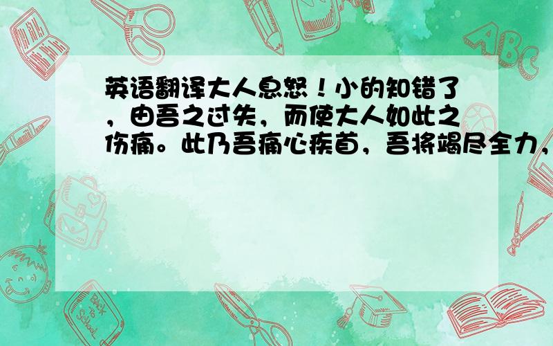 英语翻译大人息怒！小的知错了，由吾之过失，而使大人如此之伤痛。此乃吾痛心疾首，吾将竭尽全力，还大人开心的笑容！