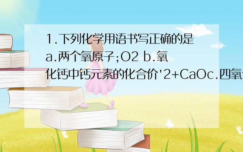 1.下列化学用语书写正确的是a.两个氧原子;O2 b.氧化钙中钙元素的化合价'2+CaOc.四氧化三铁;Fe4O3 d.两个氢氧根离子;2OH-(讲明一下原因)