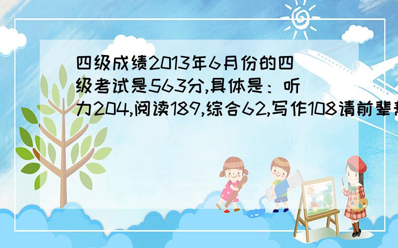 四级成绩2013年6月份的四级考试是563分,具体是：听力204,阅读189,综合62,写作108请前辈帮我分析一下,今年又要考六级了,两者会不会差别很大吗?我考完觉得勉强做完,的确有些阅读是蒙的,可是考