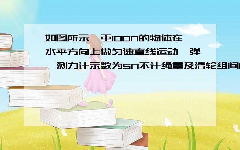 如图所示,重100N的物体在水平方向上做匀速直线运动,弹簧测力计示数为5N不计绳重及滑轮组间的摩擦力,求：（1）作用在滑轮上的拉力F为多大?（2）当物体前进2m时,拉力F做的功是多少?