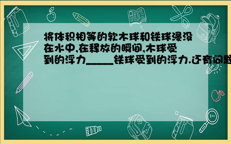 将体积相等的软木球和铁球浸没在水中,在释放的瞬间,木球受到的浮力_____铁球受到的浮力.还有问题如下当木球浮在水面,铁球沉底后,木球受到的浮力_____铁球收到的浮力(选填大于,小于或等