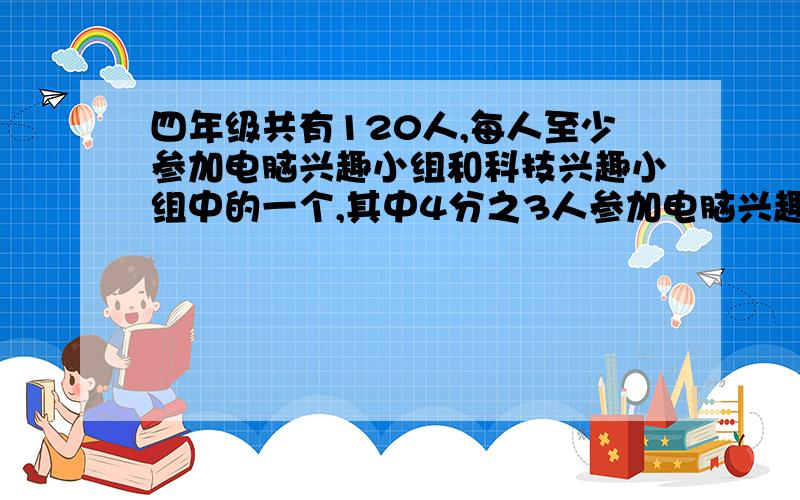 四年级共有120人,每人至少参加电脑兴趣小组和科技兴趣小组中的一个,其中4分之3人参加电脑兴趣小组,12分之7参加科技兴趣小组.两种兴趣小组都参加的一共有多少人?