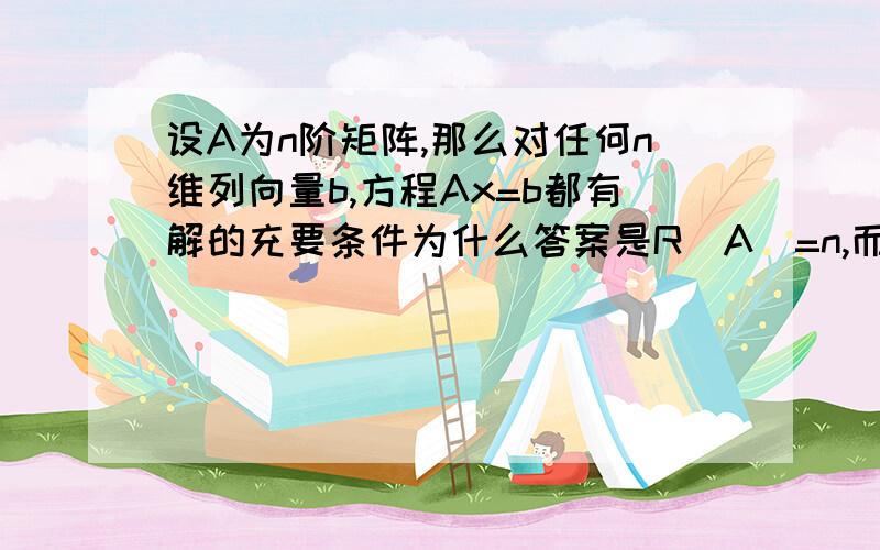 设A为n阶矩阵,那么对任何n维列向量b,方程Ax=b都有解的充要条件为什么答案是R(A）=n,而不是R(A)=R(A,b)