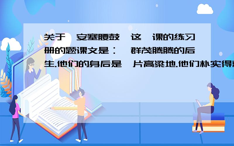 关于《安塞腰鼓》这一课的练习册的题课文是：一群茂腾腾的后生.他们的身后是一片高粱地.他们朴实得就像那片高粱.咝溜溜的南风吹动了高粱叶子,也吹动了他们的衣裳.他们的神情沉稳而