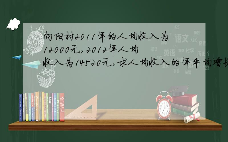 向阳村2011年的人均收入为12000元,2012年人均收入为14520元,求人均收入的年平均增长率【是初三的一元二次方程的题】