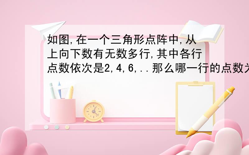 如图,在一个三角形点阵中,从上向下数有无数多行,其中各行点数依次是2,4,6,..那么哪一行的点数为100