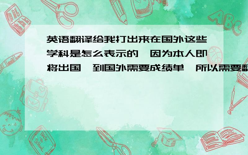 英语翻译给我打出来在国外这些学科是怎么表示的,因为本人即将出国,到国外需要成绩单,所以需要翻译一下,学科：英语 信息技术 通用技术 音乐 美术 体育 我要最准确的国外翻译，国外是怎