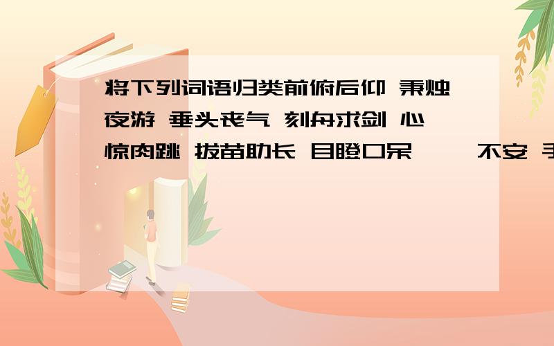 将下列词语归类前俯后仰 秉烛夜游 垂头丧气 刻舟求剑 心惊肉跳 拔苗助长 目瞪口呆 忐忑不安 手舞足蹈 没精打采 满腔怒火 坐井观天1.描写神态的：垂头丧气、目瞪口呆、没精打采2.描写心