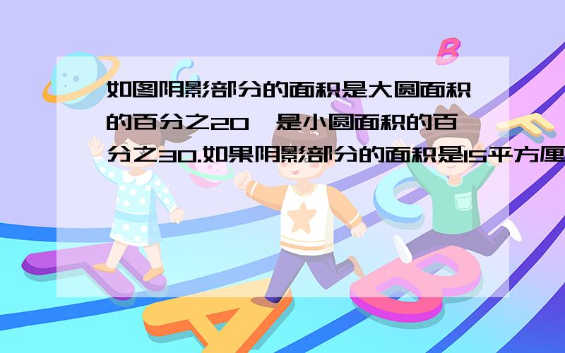 如图阴影部分的面积是大圆面积的百分之20,是小圆面积的百分之30.如果阴影部分的面积是15平方厘米,求求这幅图的总面积