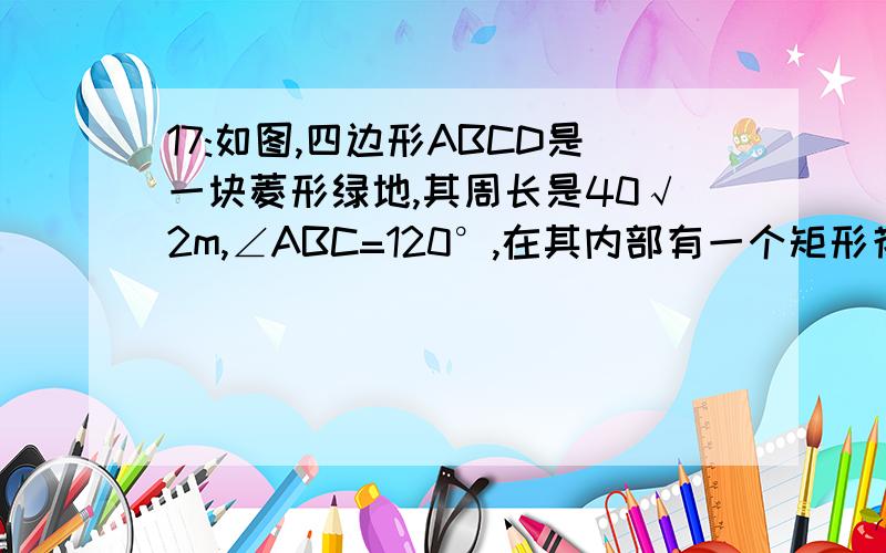 17:如图,四边形ABCD是一块菱形绿地,其周长是40√2m,∠ABC=120°,在其内部有一个矩形花坛