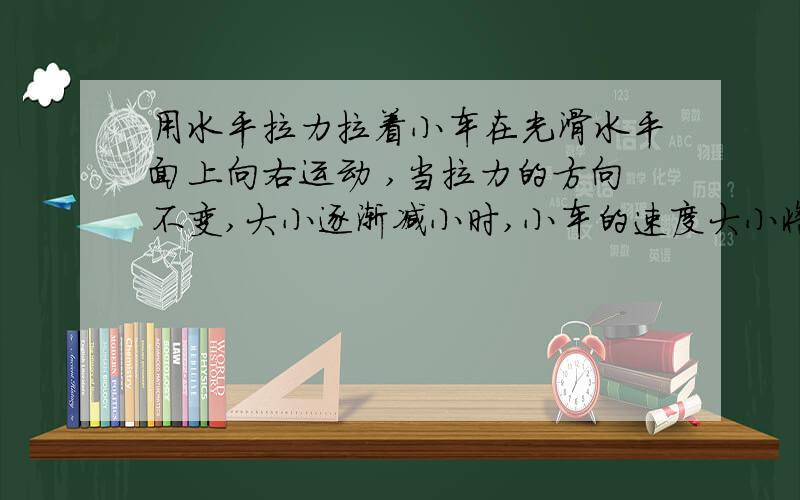 用水平拉力拉着小车在光滑水平面上向右运动 ,当拉力的方向不变,大小逐渐减小时,小车的速度大小将为什么