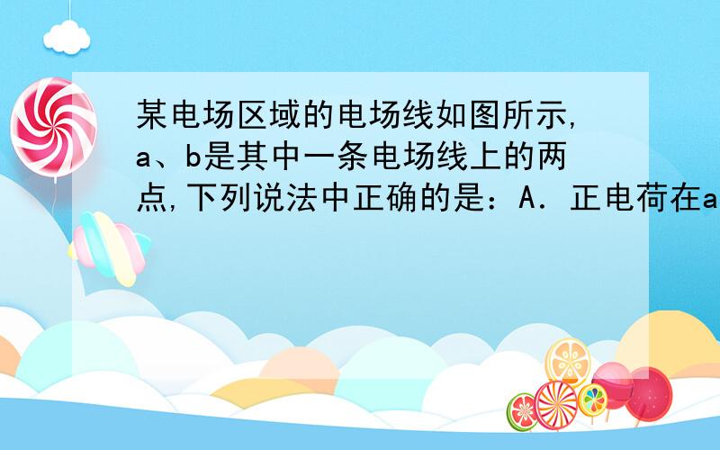 某电场区域的电场线如图所示,a、b是其中一条电场线上的两点,下列说法中正确的是：A．正电荷在a点受到的电场力一定大于它在b点受到的电场力B．负电荷在a点受到的电场力一定小于它在b点