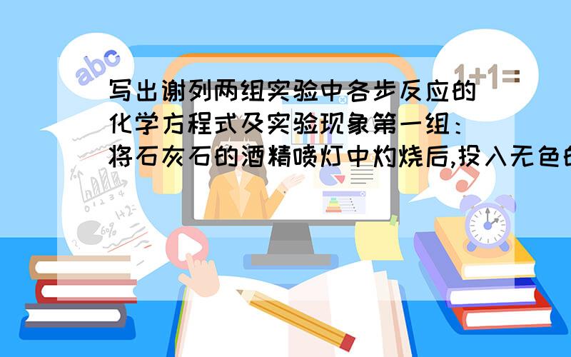 写出谢列两组实验中各步反应的化学方程式及实验现象第一组：将石灰石的酒精喷灯中灼烧后,投入无色的酚酞试液中.第二组：向澄清的石灰水中通入二氧化碳,然后滴入少量的盐酸.实验现象