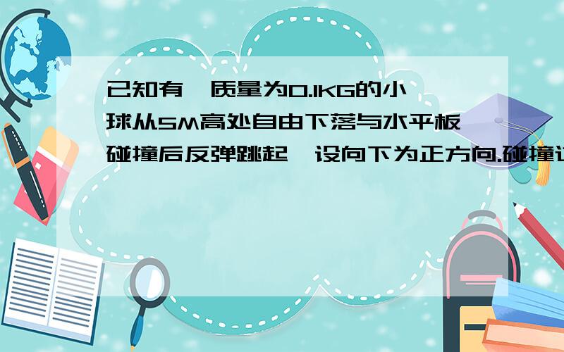 已知有一质量为0.1KG的小球从5M高处自由下落与水平板碰撞后反弹跳起,设向下为正方向.碰撞过程中动量的变化为-1.8kg m/s 求1 小球在水平版上的速度大小2小球落在水平板上的动量3小球弹起的