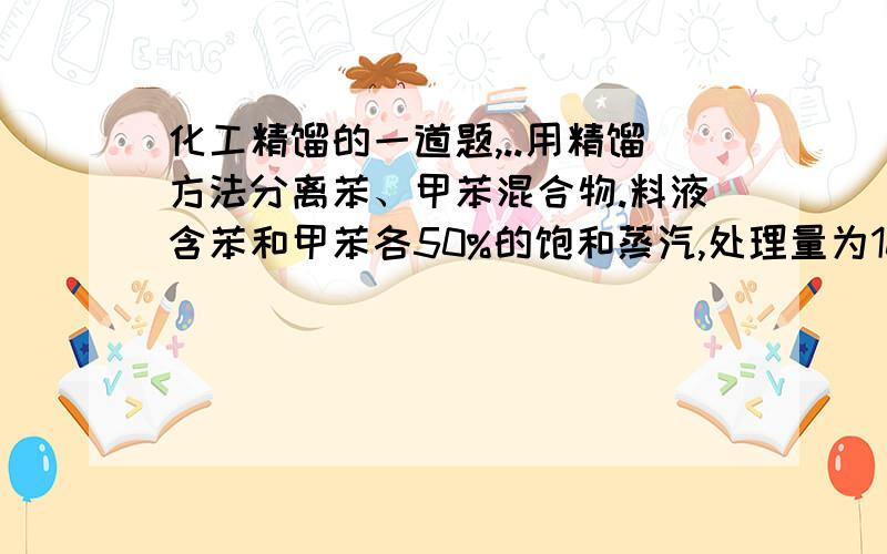 化工精馏的一道题,..用精馏方法分离苯、甲苯混合物.料液含苯和甲苯各50%的饱和蒸汽,处理量为100kmol/h,已知塔顶、塔顶的产品产量均为50kmol/h,精馏段操作线方程为y=0.833x+0.15,间接蒸汽加热,塔