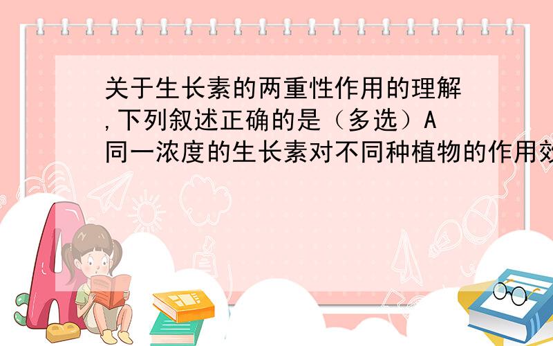 关于生长素的两重性作用的理解,下列叙述正确的是（多选）A同一浓度的生长素对不同种植物的作用效果可能不B同一植物的不同器官,需要的适宜生长素浓度不同C不同浓度的生长素对同一器