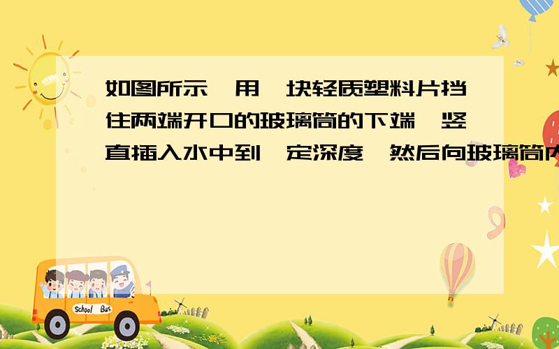 如图所示,用一块轻质塑料片挡住两端开口的玻璃筒的下端,竖直插入水中到一定深度,然后向玻璃筒内缓慢注入某种液体,当筒内液面高出筒外水面2cm时,塑料片下沉．关于液体密度ρ液和水ρ水