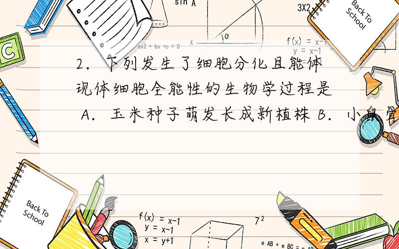 2．下列发生了细胞分化且能体现体细胞全能性的生物学过程是 A．玉米种子萌发长成新植株 B．小鼠骨髓2．下列发生了细胞分化且能体现体细胞全能性的生物学过程是A．玉米种子萌发长成新