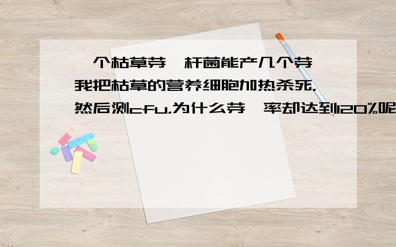 一个枯草芽孢杆菌能产几个芽孢我把枯草的营养细胞加热杀死，然后测cfu，为什么芽孢率却达到120%呢 我采用的是涂布法测数，一共三个样品做平行试验