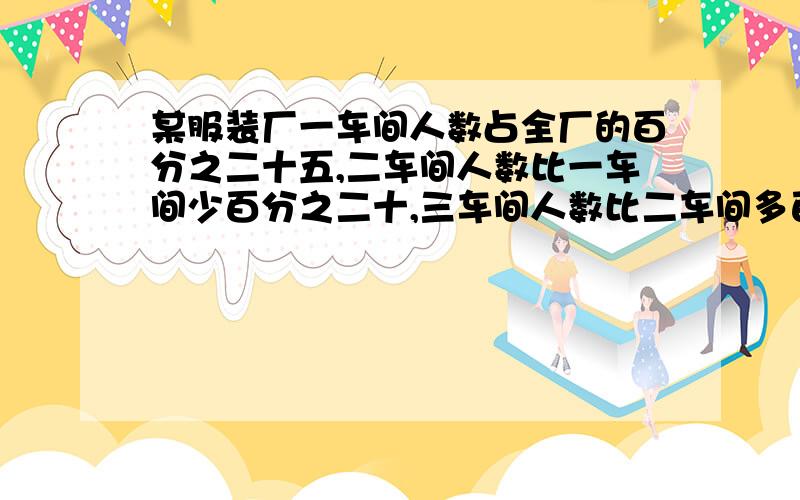 某服装厂一车间人数占全厂的百分之二十五,二车间人数比一车间少百分之二十,三车间人数比二车间多百分之三十.已知三车间有156人,全厂有多少人?